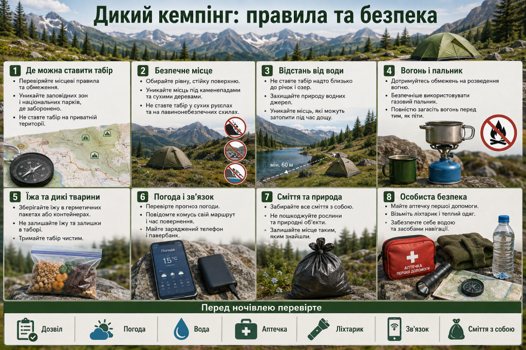 Інфографіка про правила дикого кемпінгу, вибір безпечного місця, поводження з вогнем, їжею та сміттям
