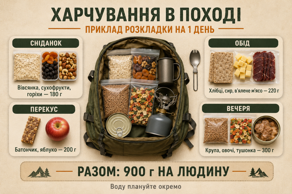 Інфографіка з прикладом набору продуктів для сніданку, перекусу, обіду та вечері під час походу