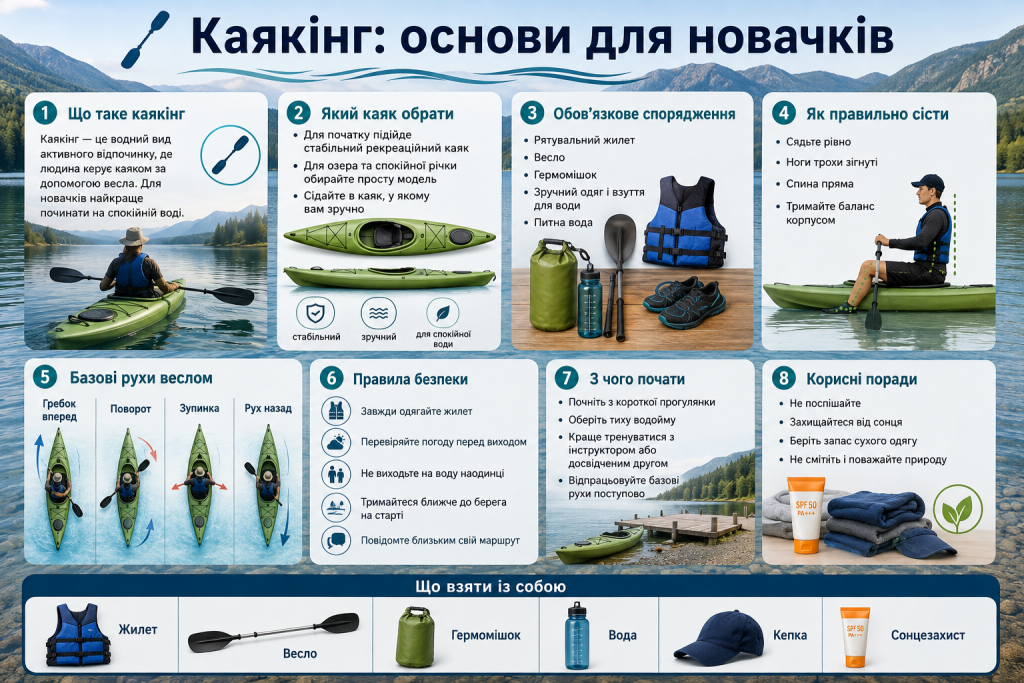 Інфографіка про основи каякінгу для новачків, вибір каяка, спорядження, техніку веслування та правила безпеки