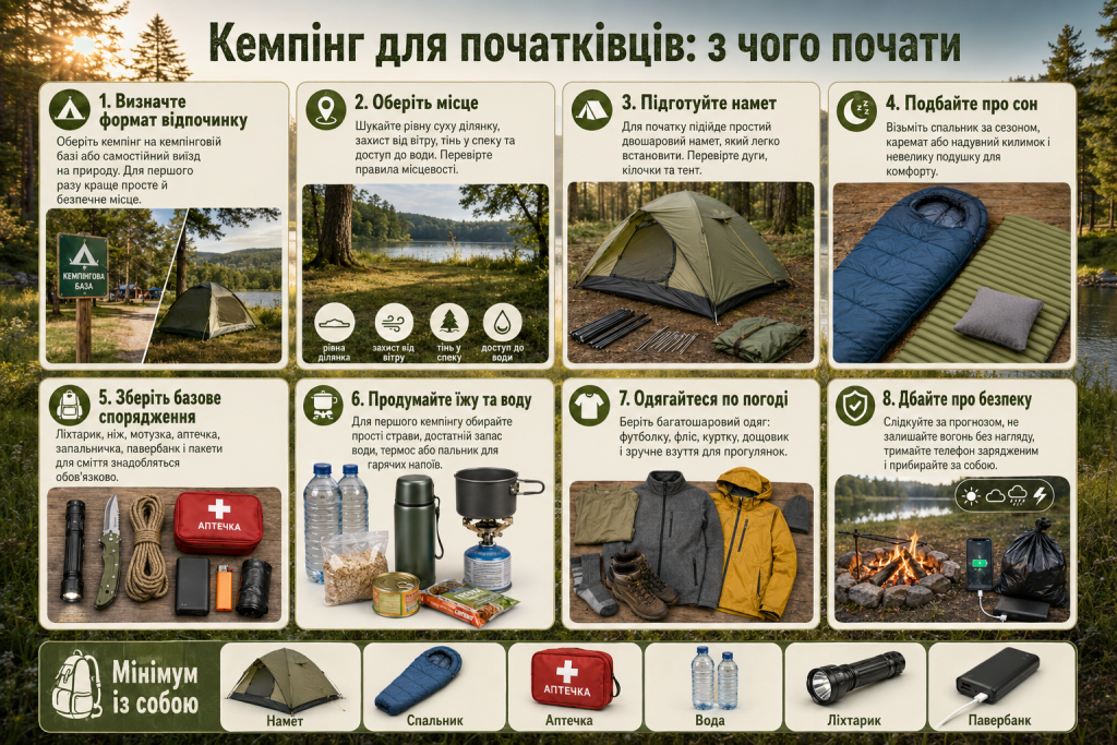 Інфографіка для початківців про вибір місця, намету, спорядження, одягу, їжі та безпеку в кемпінгу