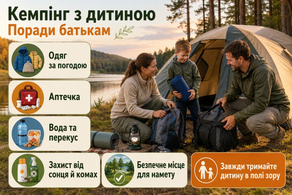 Інфографіка про підготовку до кемпінгу з дитиною, необхідні речі, безпеку, харчування та організацію відпочинку