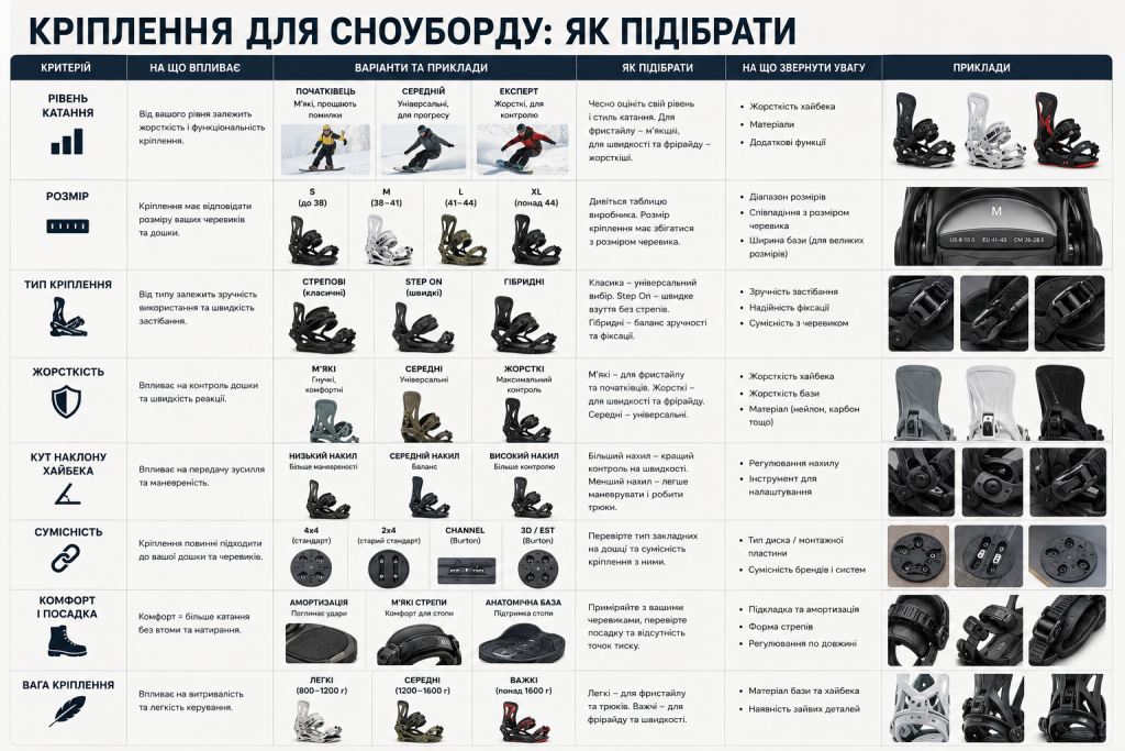 Інфографіка про вибір кріплень для сноуборду за розміром, жорсткістю, типом, сумісністю та комфортом