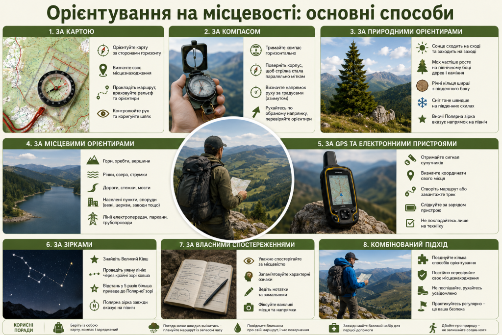 Інфографіка про орієнтування на місцевості за картою, компасом, GPS, природними орієнтирами та зірками