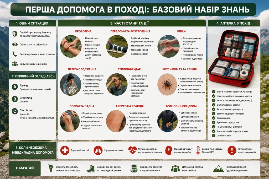 Інфографіка про першу допомогу в поході при кровотечах, травмах, опіках, переохолодженні, тепловому ударі та укусах