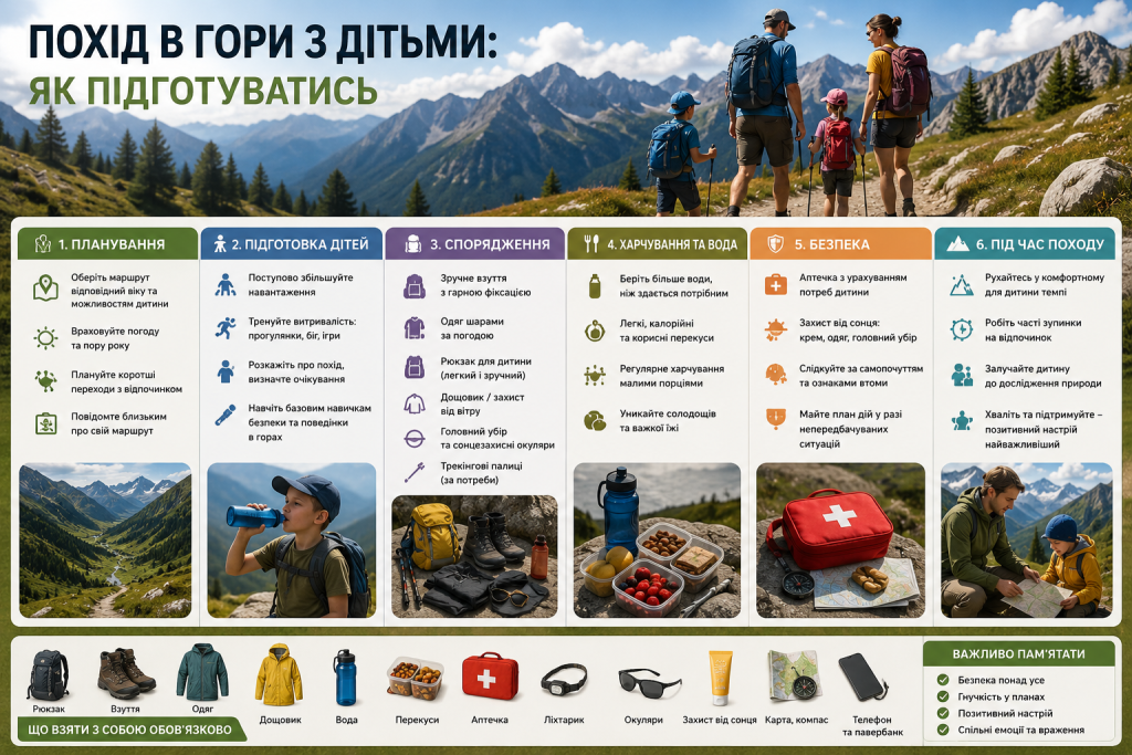Інфографіка про підготовку до сімейного походу в гори з дітьми, спорядження, харчування та правила безпеки