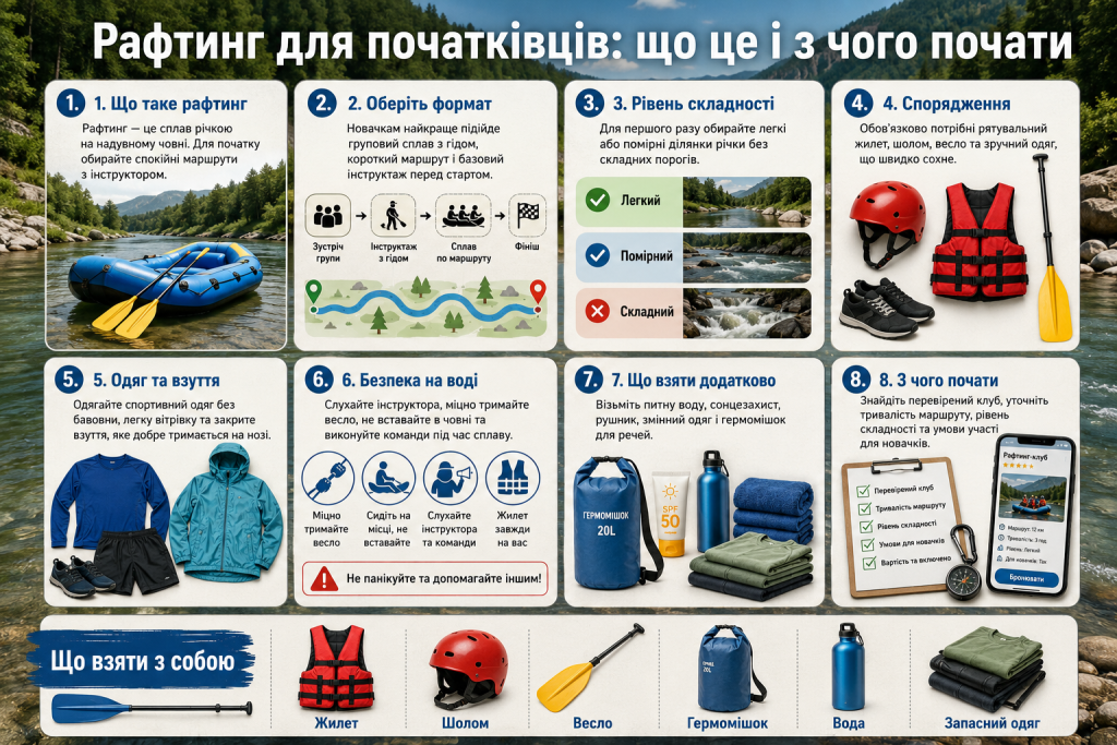 Інфографіка про рафтинг для початківців, вибір маршруту, спорядження та правила безпеки на воді