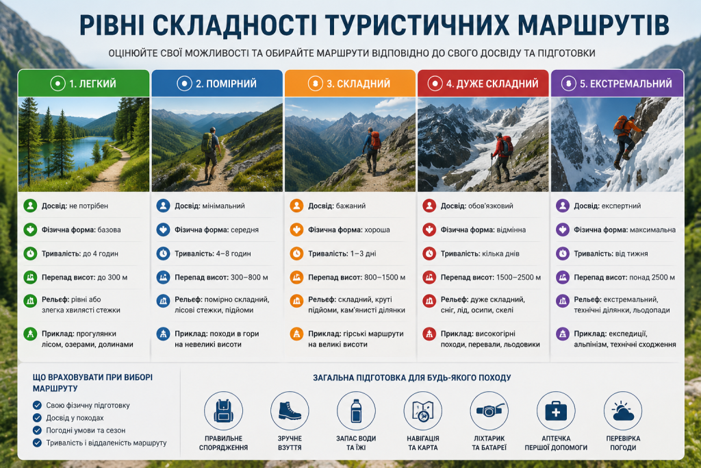 Інфографіка з п’ятьма рівнями складності туристичних маршрутів від легких прогулянок до екстремальних гірських експедицій