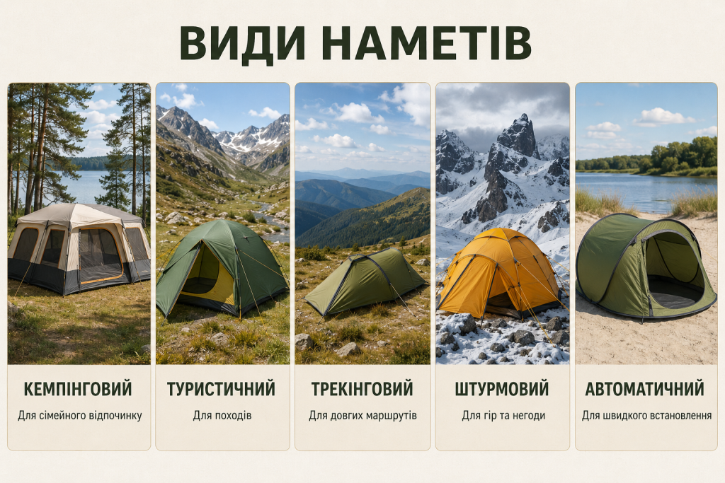 Інфографіка з кемпінговим, туристичним, трекінговим, штурмовим та автоматичним наметами для різних умов використання
