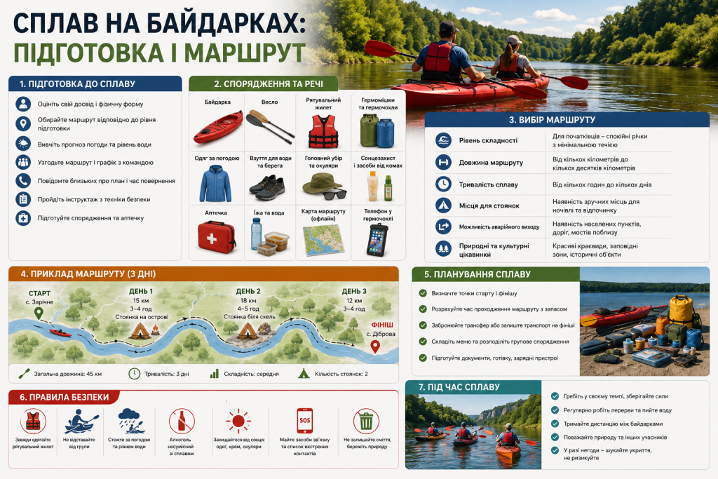 Інфографіка про підготовку до сплаву на байдарках, необхідне спорядження, вибір маршруту та правила безпеки