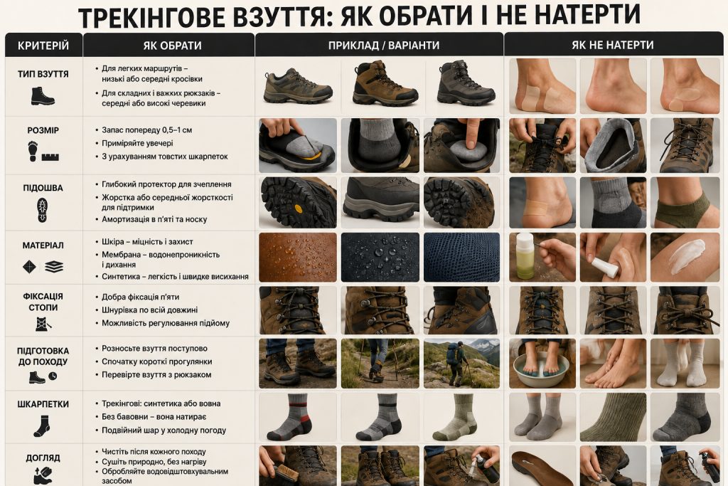 Інфографіка про вибір трекінгового взуття за розміром, підошвою, матеріалом і фіксацією стопи та профілактику натирання