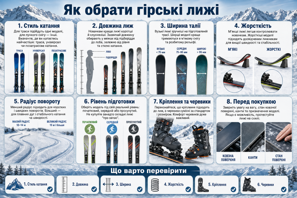 Інфографіка про вибір гірських лиж за довжиною, шириною, жорсткістю, стилем катання та рівнем підготовки