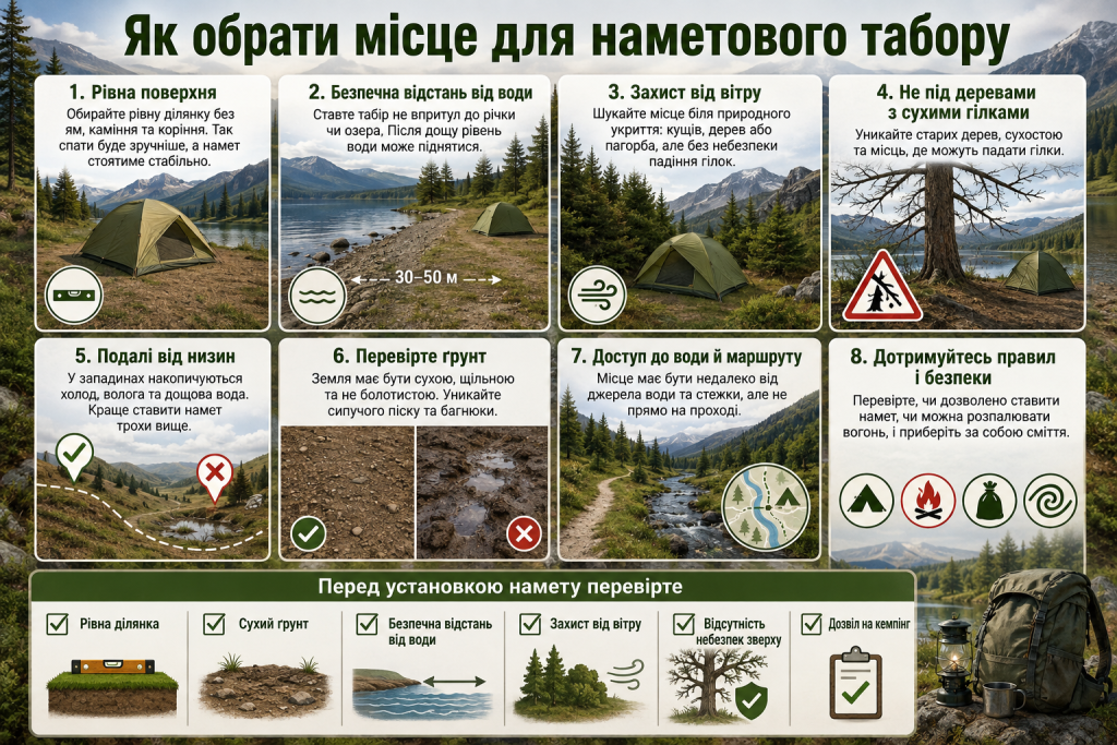 Інфографіка про вибір безпечного місця для наметового табору з урахуванням рельєфу, води, вітру та дерев