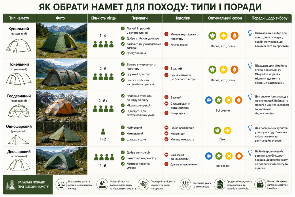 Інфографіка з порівнянням типів туристичних наметів, їхніх переваг, недоліків, місткості та сезонності