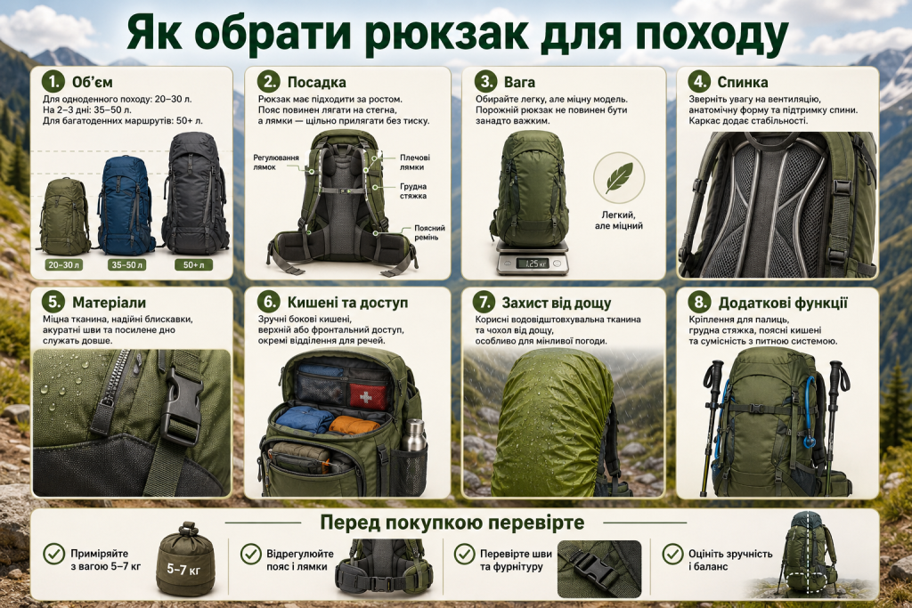 Інфографіка про вибір туристичного рюкзака для походу за об’ємом, вагою, посадкою та матеріалами