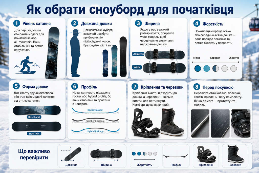 Інфографіка про вибір сноуборда для початківця за довжиною, шириною, жорсткістю, профілем і кріпленнями