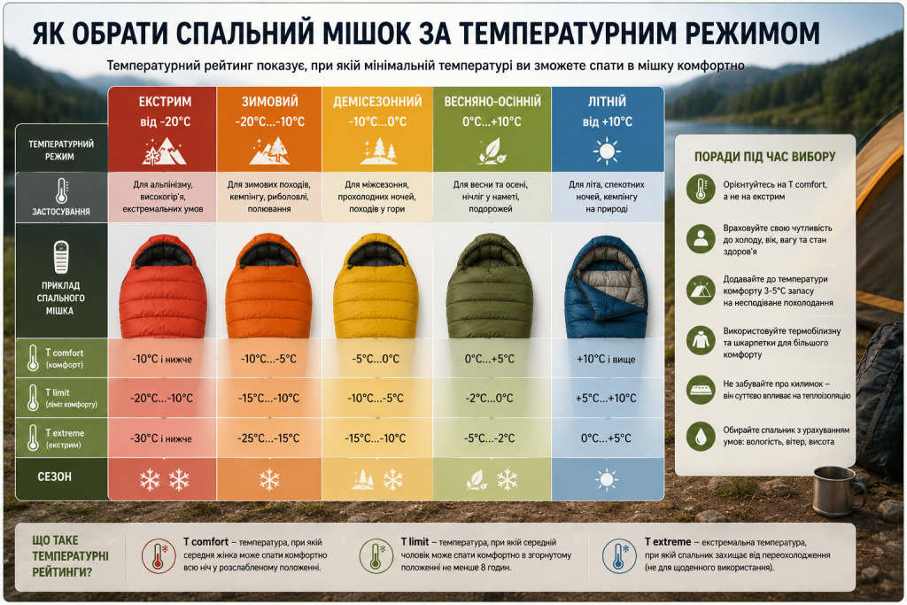 Таблиця вибору спального мішка за температурою комфорту, сезоном і температурним режимом
