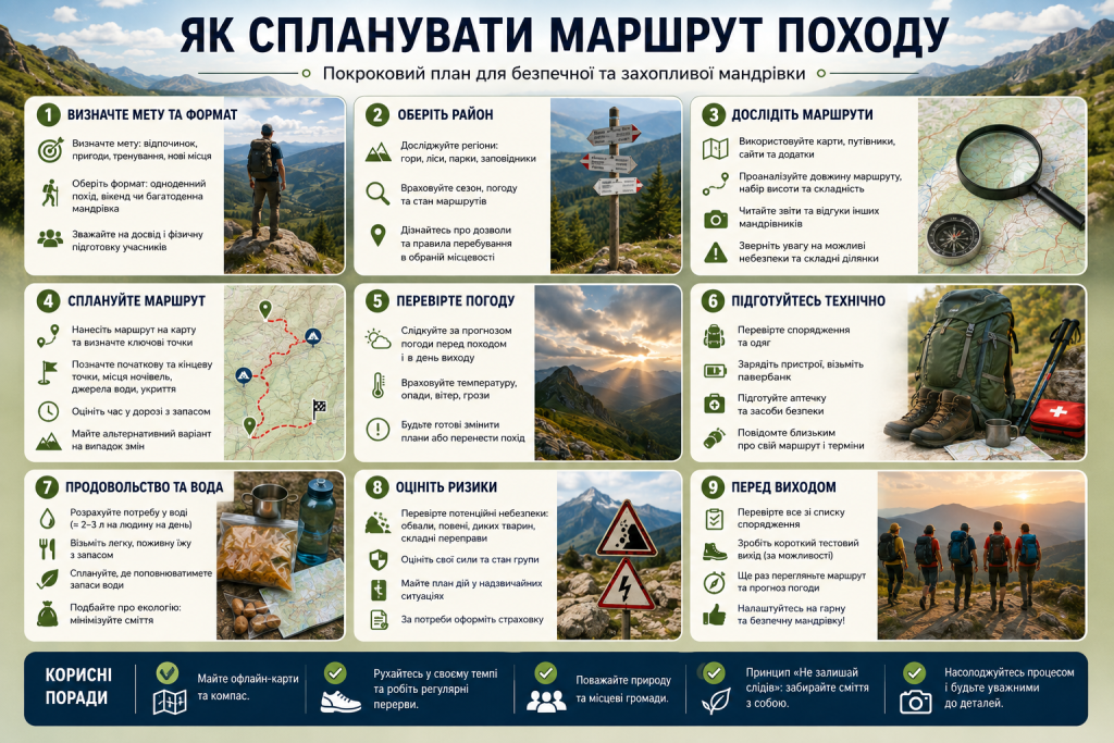 Інфографіка про планування маршруту походу з вибором району, перевіркою погоди, спорядження та оцінкою ризиків