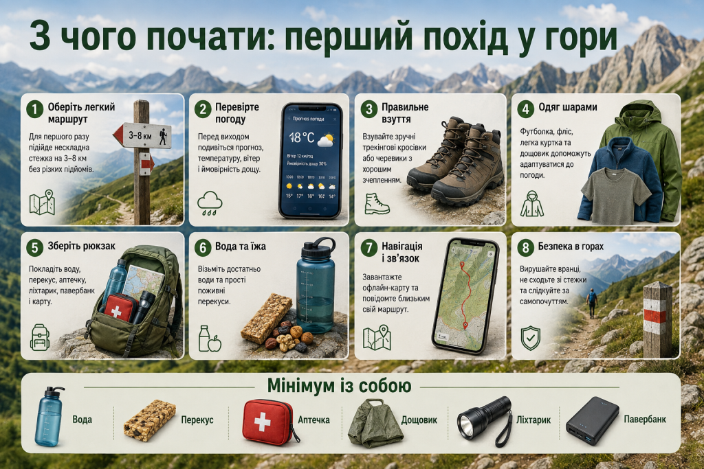 Інфографіка з порадами для першого походу в гори, вибором маршруту, одягу, взуття та спорядження