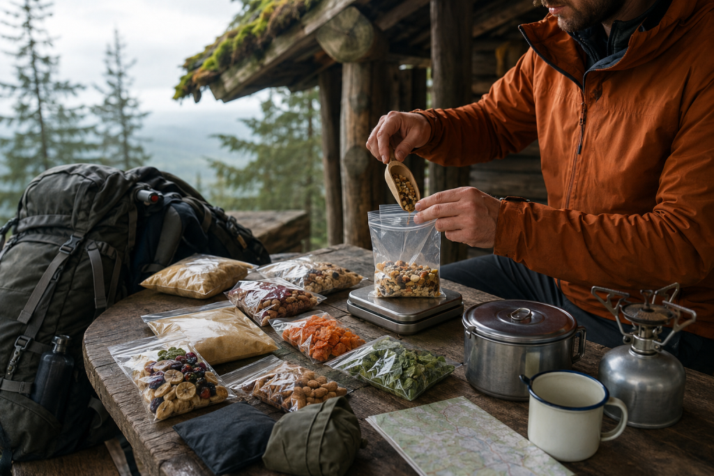 Турист фасує крупи, сухофрукти, горіхи та інші продукти в порційні пакети перед походом у гори