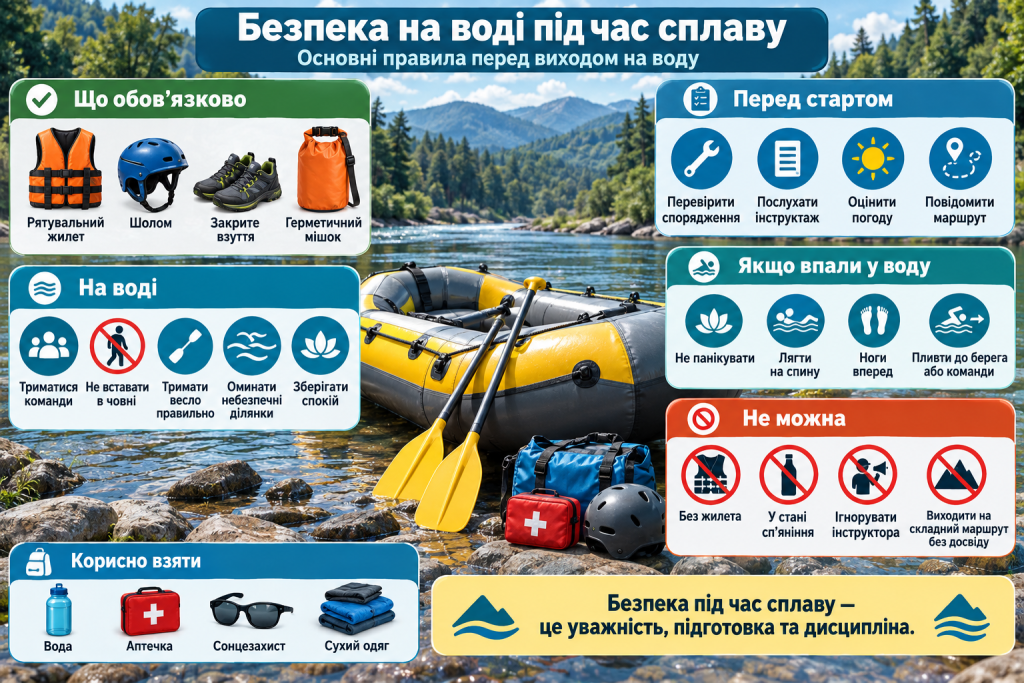 Інфографіка з правилами безпеки під час сплаву: рятувальний жилет, шолом, перевірка спорядження, поведінка на воді та дії при падінні.