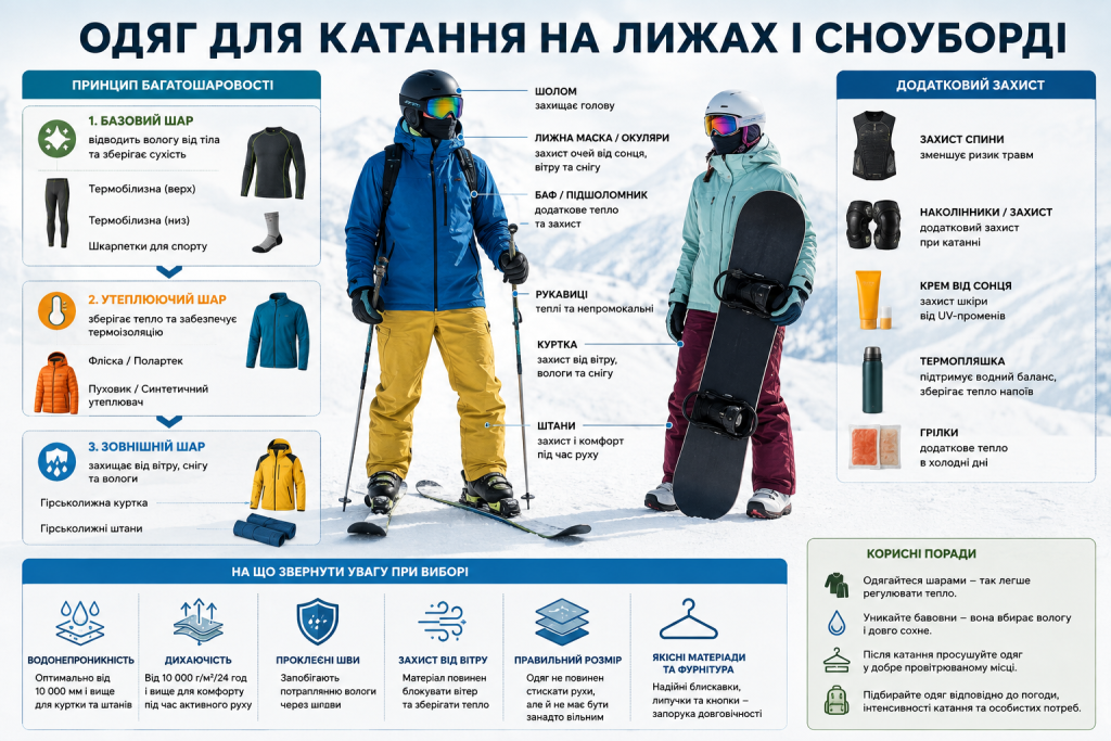 Інфографіка про багатошаровий одяг для лиж і сноуборду, термобілизну, утеплення, куртку, штани, шолом, маску та захист