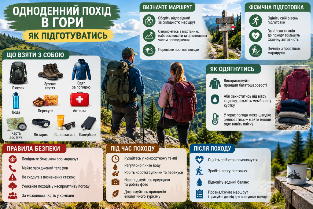 Інфографіка про підготовку до одноденного походу в гори, вибір маршруту, спорядження, одяг, фізичну підготовку та правила безпеки.