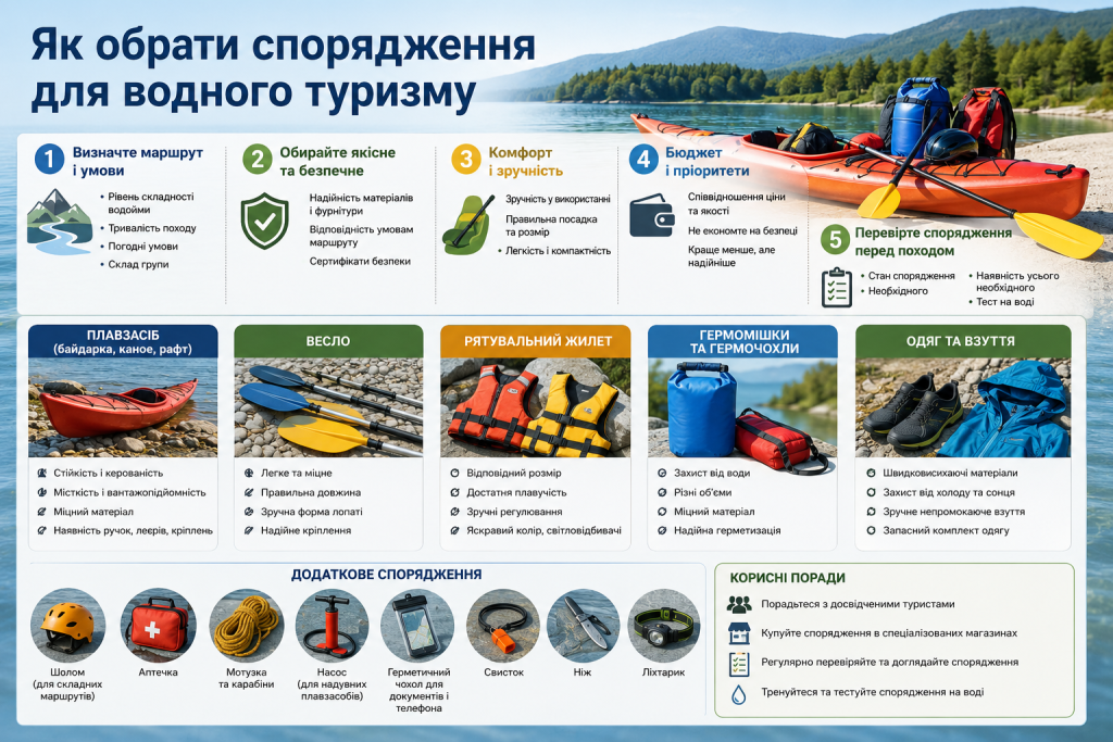 Інфографіка про вибір спорядження для водного туризму: байдарки, весла, рятувального жилета, гермомішків, одягу, аптечки та шолома
