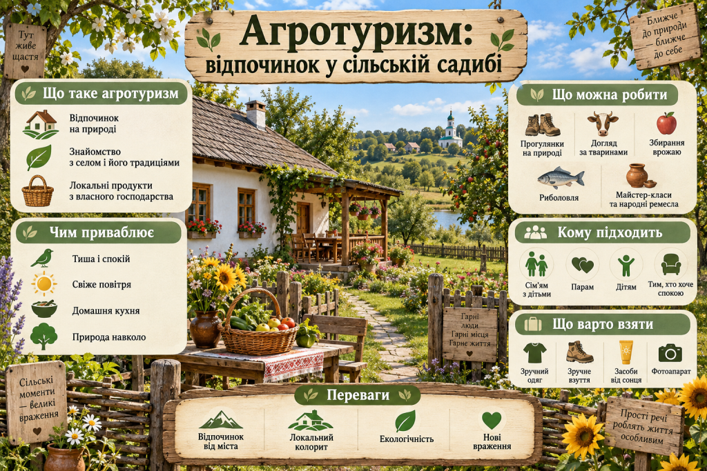Інфографіка про агротуризм, відпочинок у сільській садибі, розваги на природі, домашню кухню та переваги сільського туризму.