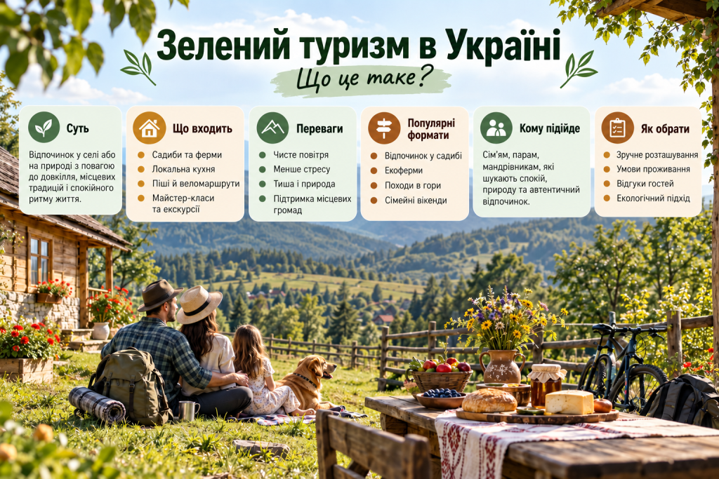 Інфографіка про зелений туризм в Україні, відпочинок у садибах, екотуризм, місцеву кухню, природу та активний відпочинок.