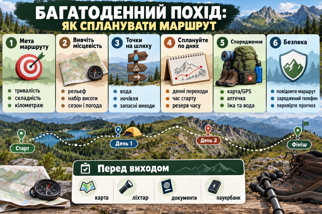 Інфографіка з планування багатоденного походу в гори: вибір маршруту, вивчення місцевості, визначення місць ночівлі, підготовка спорядження та правила безпеки.