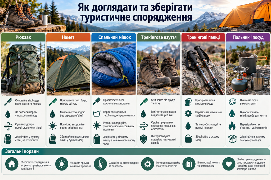 Інфографіка про догляд і правильне зберігання рюкзака, намету, спальника, взуття та туристичного спорядження