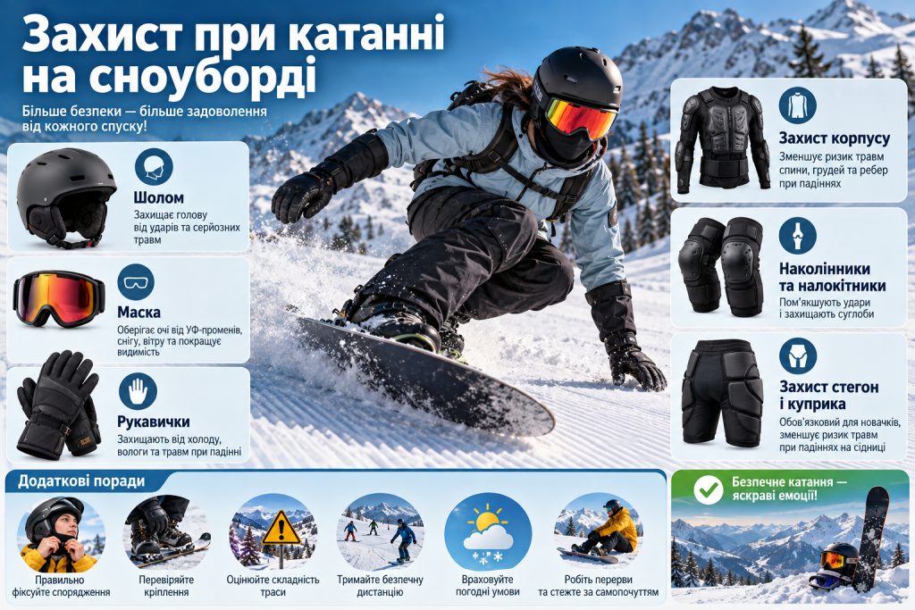 Інфографіка про захисне спорядження для сноуборду — шолом, маску, рукавички, захист корпусу, колін і стегон